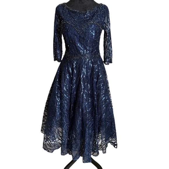 MAC DUGGAL HIGH NECK ABOVE ELBOW SLEEVE EMBELLISHED ALINE NAVY MIDI DRESS 4 - Picture 5 of 14